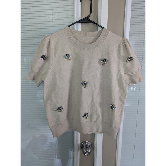 Anewsta Women's Elegant Heavy Embellished Bees Short Sleeve Biege Sweater Size L - Picture 5 of 12